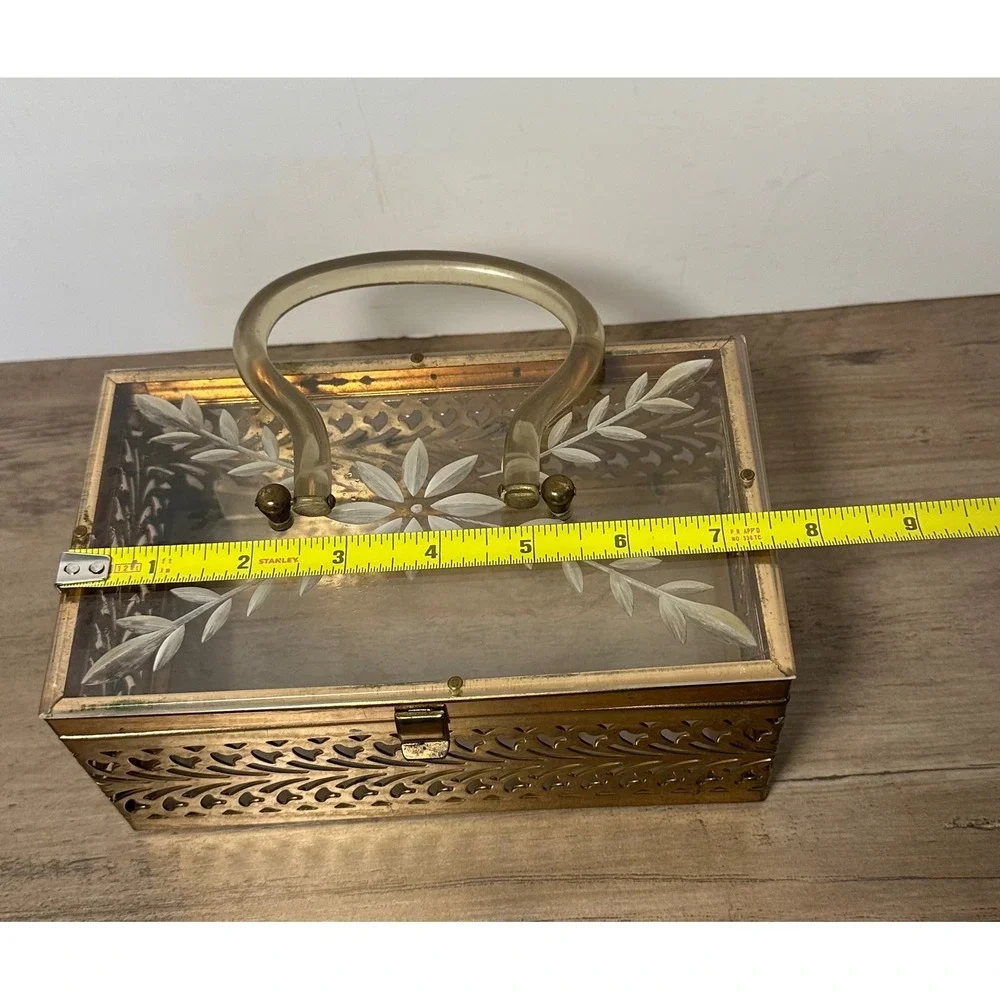 Vintage Metal‎ Filigree Vanity Box Case Rectangular Lucite Handle Purse READ